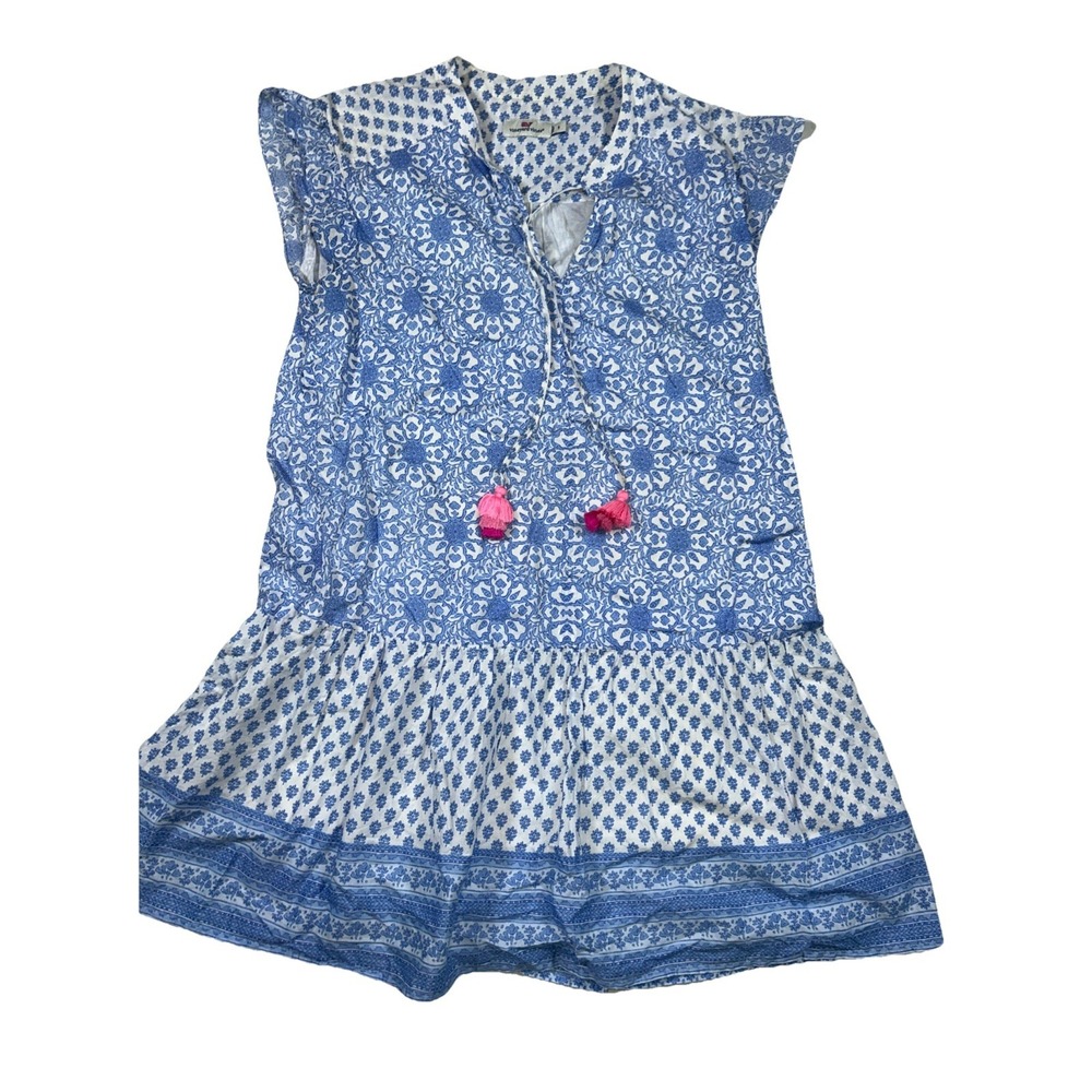 Vineyard Vines Tunic Dress Size Small Blue Otomi with Pink Tassel